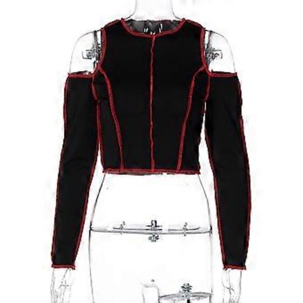Lady Patchwork Stitch Åben Skulder Cropped Toppe O-hals Sød Skinny Tee Efterår, Sort S(M)