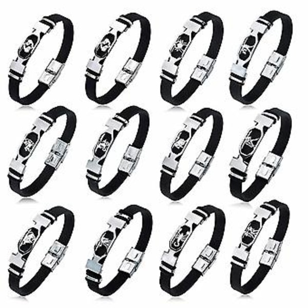 12 Konstellation Rostfritt Stål Manschettarmband Män Kvinnor Zodiac Sign Svart Läder Wrap Armband Smycken Pulseras Hombre (Fiskarna)