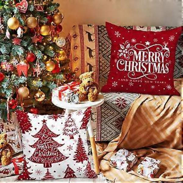 Vita och Röda 12x12 Jul Kuddfodral Set om 4, Dekorativa 12 Tums Vinter Snöflinga Kuddfodral Jul Kuddfodral för inomhus