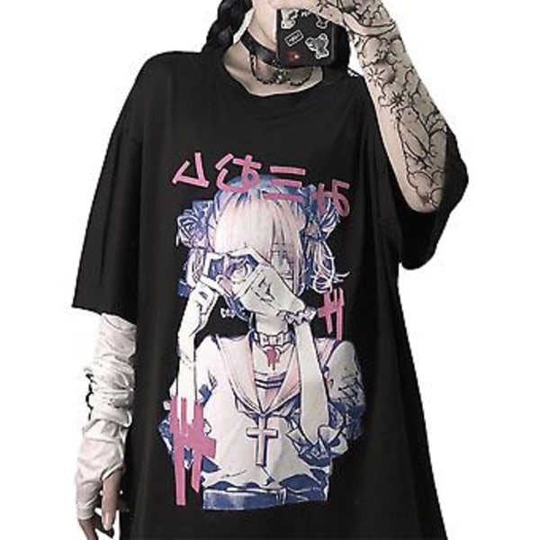2023 Dam T-shirt Gotisk Anime Estetisk Tryck Y2k Japansk Harajuku Streetwear Casual Rundhalslös Lös Passform Toppar (2XL)