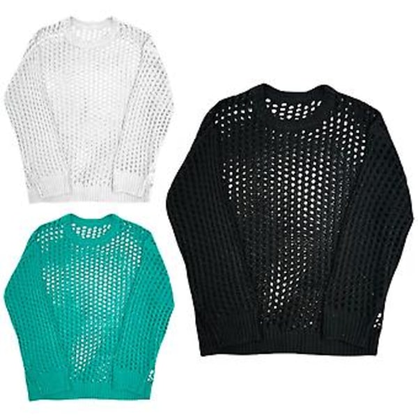 Herrarnas Hål Topp Mesh Fishnet Solid Färg Rund Hals Lös Långärmad Clubwear Hip Hop Genomskinlig Elastisk Tröja Party Topp (2XL Svart)