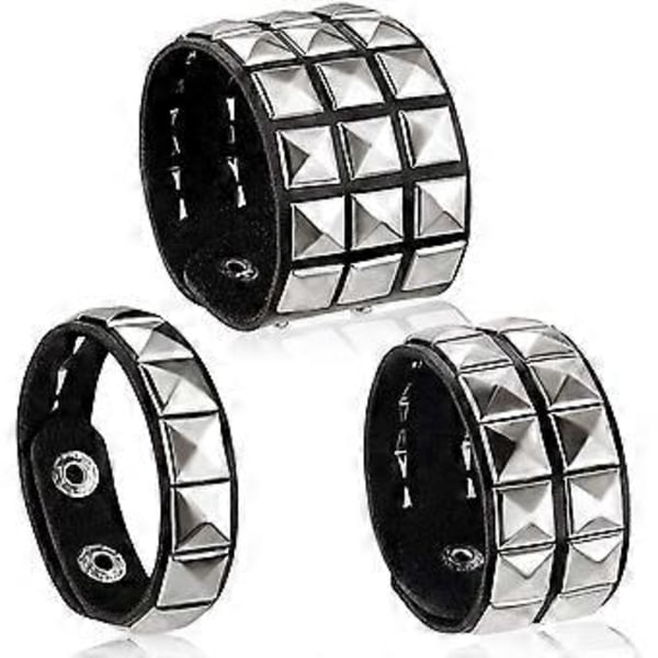SZTXJ Unisex Sort Ægte Læder Sølv Pyramide Nitter Armbånd 80'er Gotisk Punk Glam