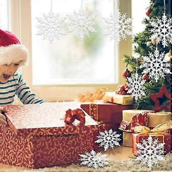 24 Hvide Glitrende Snefnug Juletræspynt