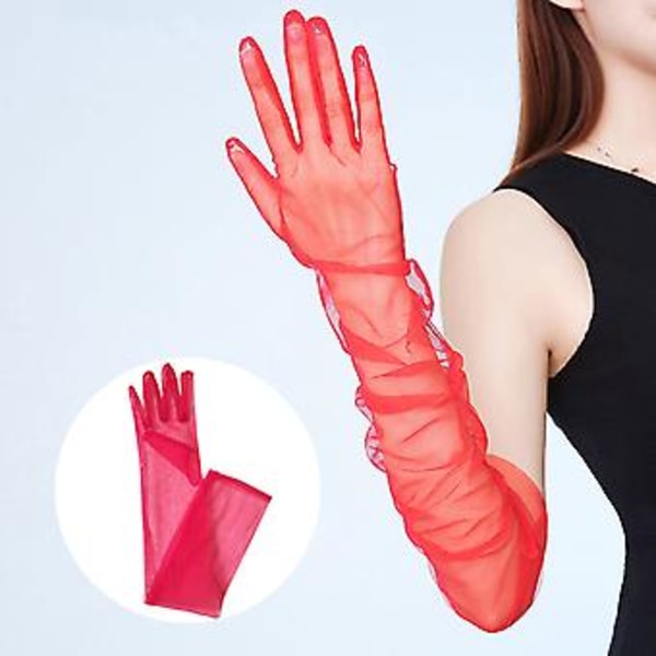 55cm Långa Bröllop Brudklänning Vantar Tulle Handskar Bröllopshandskar för Fest (Röd)