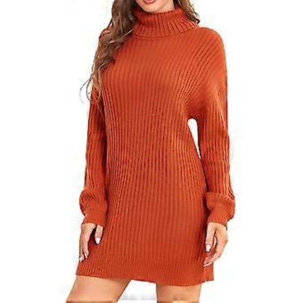 Kvindesweaterkjole med høj hals til efterår og vinter - Casual løs lang kjole med pufærmer og ribknit (XS Lys Kaffe)