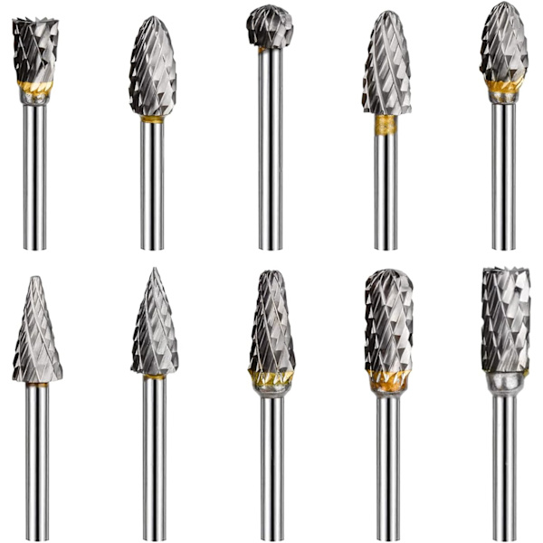 Tungstenkarbid Stål Dubbelkant Rotationsverktyg Burr Set, 10 stycken