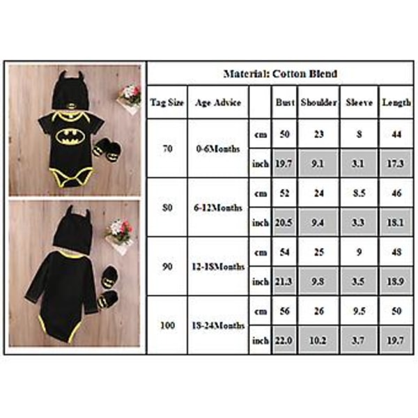 Baby Toddler Batman Långärmad Romper Skor Beanie Hatt Set Nyfödda Kläder Outfit Set (0-6 Månader)