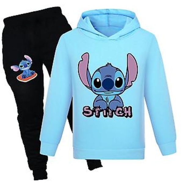 Stitch Tryk Træningsdragt Børn Drenge Piger Unisex Hættetrøje Trøje Jogging Casual Bukser Sæt Kit Sportsdragt (7-8 År Lyseblå)