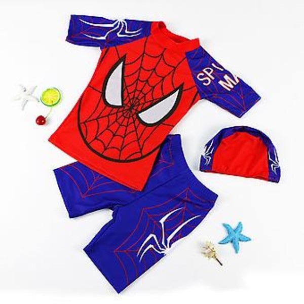 Marvel Spider-Man Barnkläder för Pojkar 3-Delar Badkläder Strand Badkostym Sommar Simning Topp Shorts Hatt Set (2-4 År Blå)