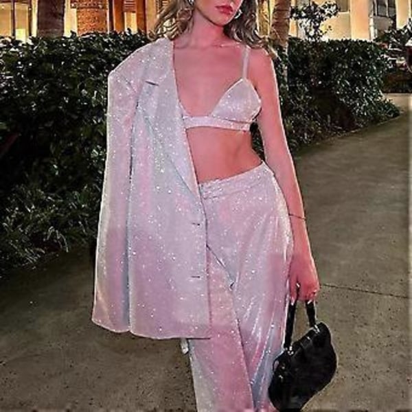 100% NY, Paljett Silver Blazer Kavaj Kort Topp Enfärgad Kostym För Kvinnor - Mode/vardaglig Bodycon Vacker Vår/sommar Klädsel (S)