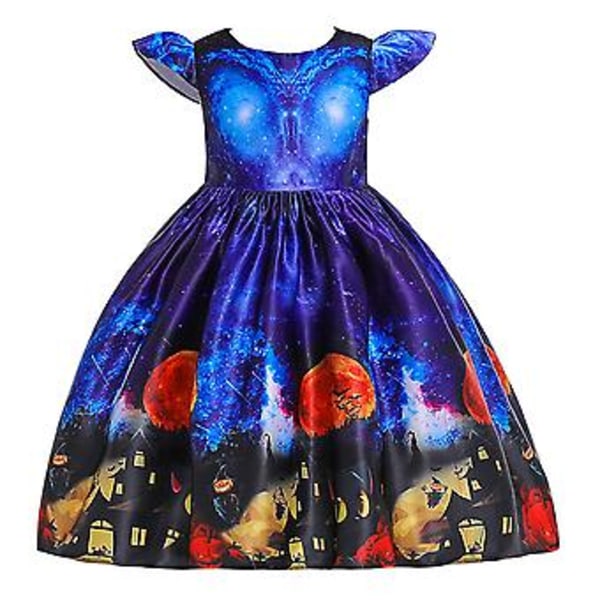 Flickors Halloween-klänning med tryck, balklänning, spets, prinsessklänning, 5-10 år (9-10 år blå)
