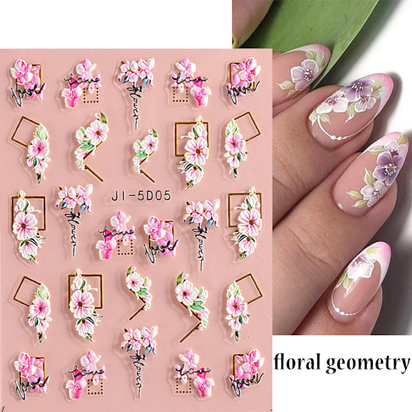 5D Präglade Blomsterblad Nagelkonst Dekaler 10 Ark 5 Stilar