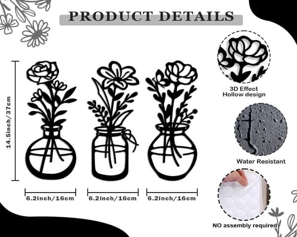 3 delar metallvas blommor väggkonst - Rustik bondgårdsstil Dé