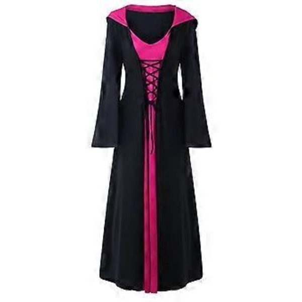 Dame Plus Size Halloween Hætteklædte Snøre Patchwork Langærmet Lang Kjole (S Hot Pink)