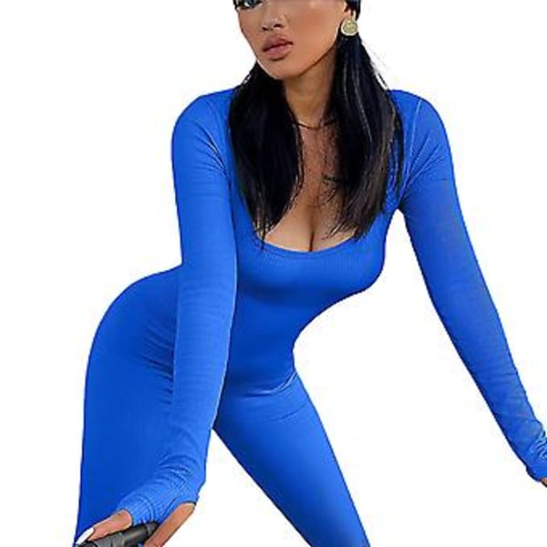 2023 Ny Dam Yoga Jumpsuit Fitness Ribbad Kvadratisk Hals Långärmad Jumpsuit Sport Jumpsuit-r (XL Blå)