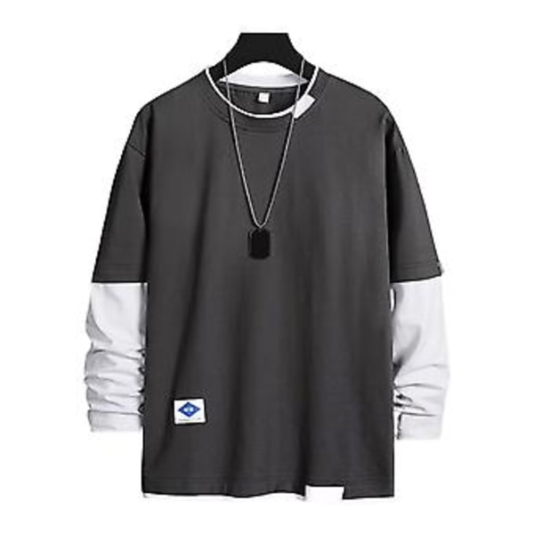 Miesten kevätpaita, teeshirt, kaksikerroksinen, pyöreä kaulus, pitkähihainen, löysä, lämmin, kontrastiväri, iholle miellyttävä, miesten yläosa, miesten vaatteet (3XL harmaa)