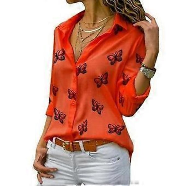 Dame Butterfly Print Skjorte Nedadvendt Krave Knap Chiffon Bluser Plus Størrelse Langærmede Toppe (S sort)