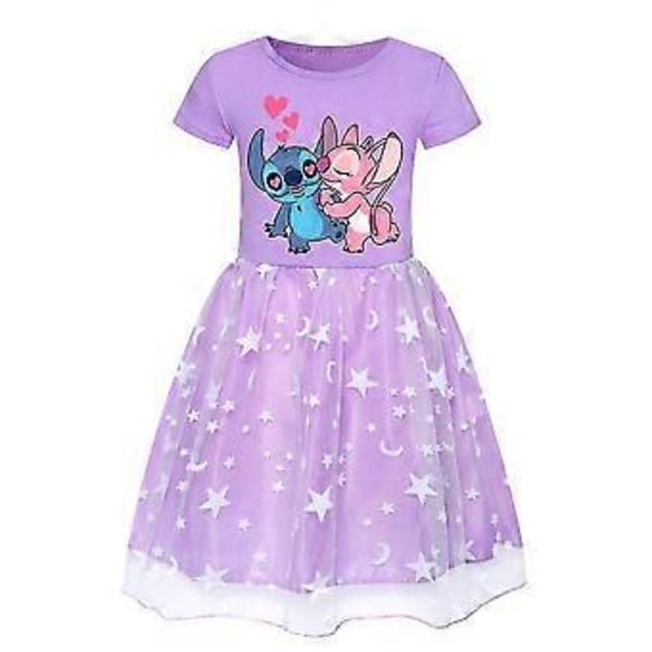 Lilo & Stitch -kuvioinen mekko lapsille, tyttöjen kesäinen A-linjainen mekko, hame, syntymäpäiväjuhlat, hieno mekko 3-10 vuotta -NMAOV (7-8 vuotta, violetti)