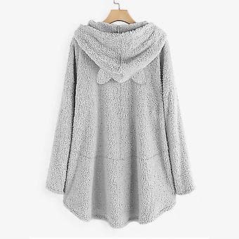 Fleecehettegenser for kvinner, vintervarm, avslappet genser med katteøre-design, løs pullover (L grå)