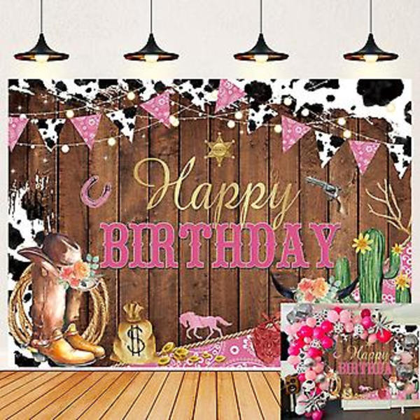 Western Cowgirl Happy Birthday Baggrund Cow Print Pink Wild Dekoration Banner Country Western Rodeo Støvler Party Tilbehør Banner 7X5FT(82x59 tommer)