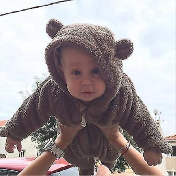 Spädbarns vinterfleece-romper med varm och söt teddybjörn-huva (3-6 månader, brun)