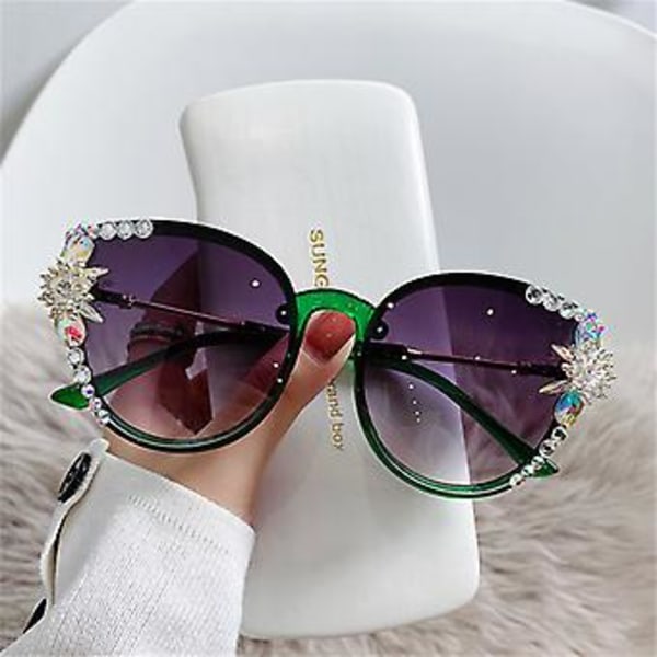 Mode Vintage Katteøje Bling Rhinestone Solbriller Kvinder Anti-UV Solbriller (Grøn)