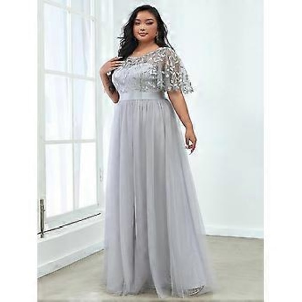 Ever-Pretty Dam Plus Size Paljettbroderi A-Linje Kortärmad Bröllopsgästklänning (9XL grå)