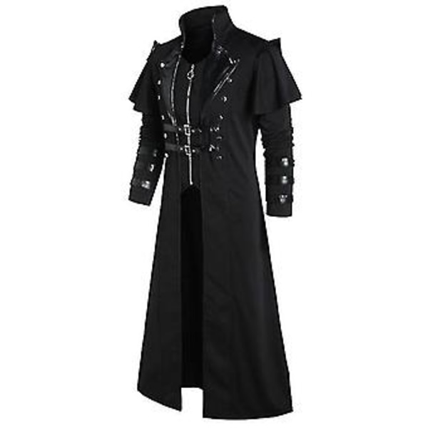 Vintage Halloween Middelalder Steampunk Assassin Elves Pirat Kostume Voksen Mænd Sort Lang Split Jakke Gothic Armor Læderfrakker (L Sort)