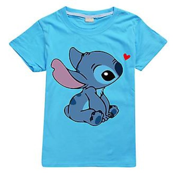 7-14Years Kids Disney Lilo & Stitch Print Cartoon Casual Summer Short Sleeve Crew Neck T-Shirt Tee Tops Boys Girls Fans Gifts(13-14Years Light Blue)