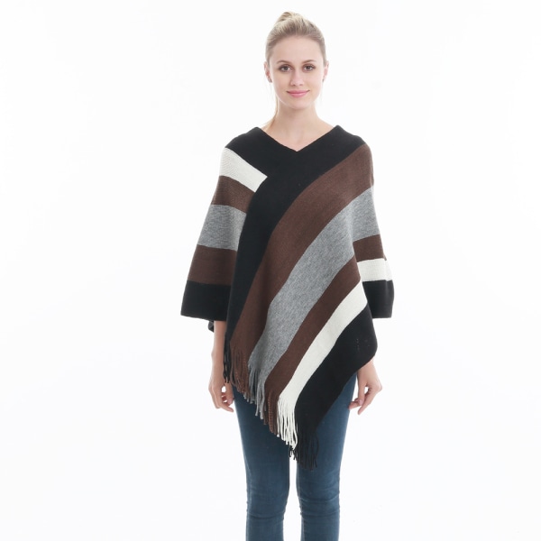 Heklet poncho med frynser for kvinner - Skjerf med dristige striper, S