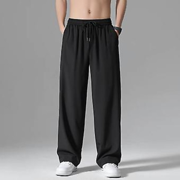 Bukser til mænd med elastisk snøreliv, lommer, draperet design, sommer, ensfarvet, lige, brede ben, tynde bukser (3XL Lysegrå)