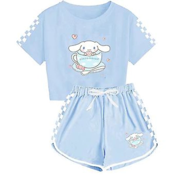 5-14years Kids Girls Cinnamoroll Tracksuit Cute Cartoon Anime Short Sleeve T-shirt + Shorts Set Casual Sports Outfits Clothes(9-10 Years Light Blue)