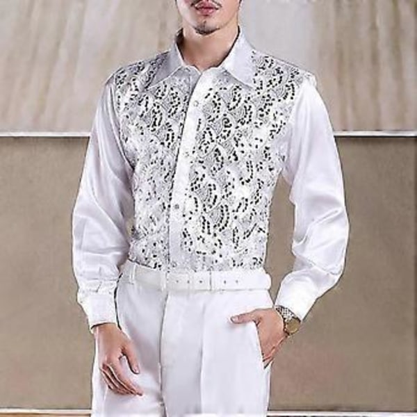 Luksuriøs skjorte med paljetter for menn, jakkeslag, lange ermer, enkeltspent, bryllupsskjorte for scenebruk, slim fit, formell fritidsskjorte (XL himmelblå)