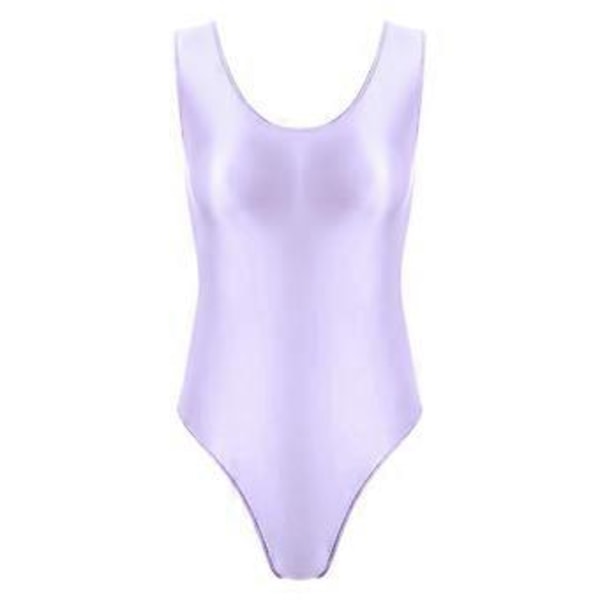 Dam Glansig Rygglös Body Baddräkt Poolparty Högskuren Ärmlös Leotard för Sport Träning Yoga (L ljuslila)