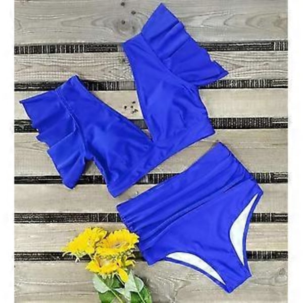 QQDD Dame Flæse Høj Talje Badedragt Todelt Push Up Tropisk Print Bikini (L Blå)