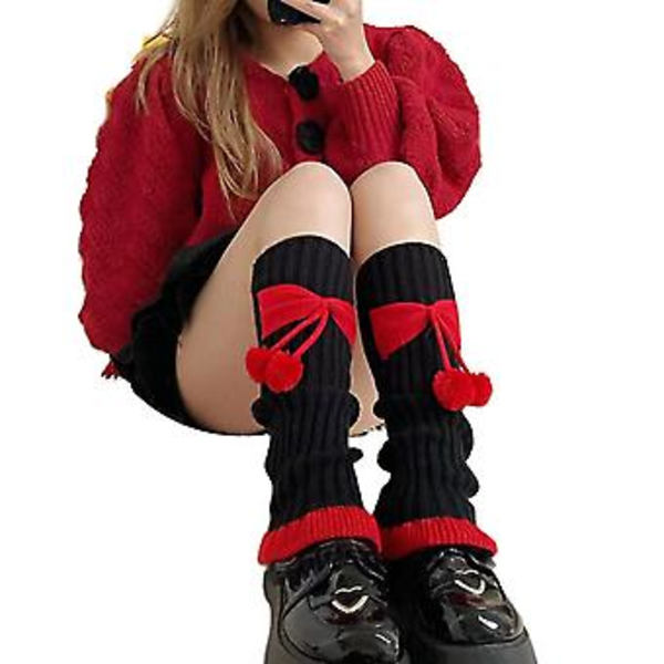 Naisten Ribitetty Neule Söötti Pompom-Jousi Leg Warmer Rypytetty Liehuva Helma Pitkät Sukat (Musta 2)