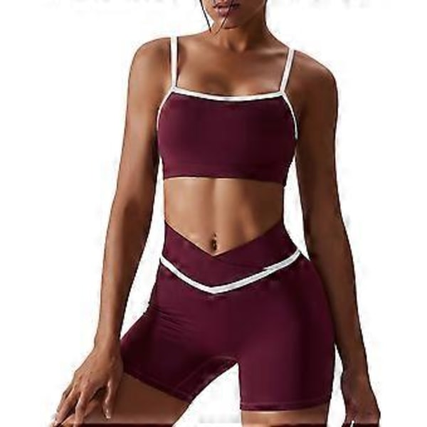 2-delt Yoga-sett Fargeblokk Spaghettistropp Kryss Midje Kvinne Sport Yoga-sett for Løping (S Shorts Vintage Rød)