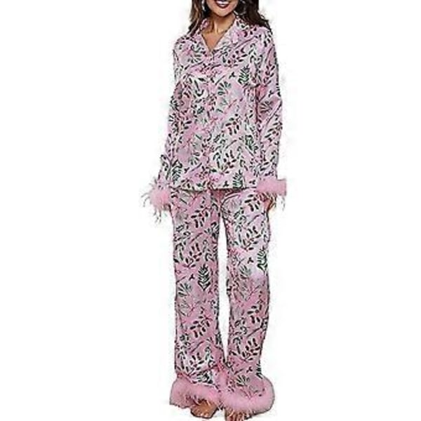 Dam Pyjamas Set med Fjäderkant Långärmad Knappuppslagen Topp Byxor 2-delad Loungeset Satin Pjs Pyjamas Nattkläder (M Rosa Blad)
