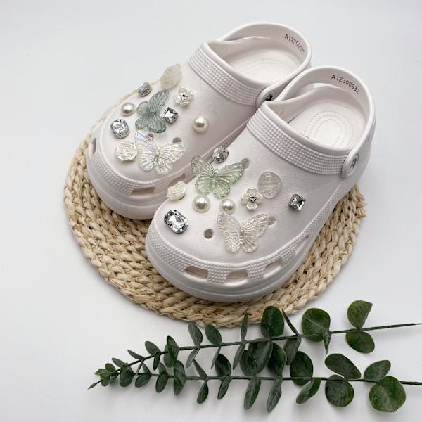 20 Stykker 3D Clog-Sandaler Pynt (Grøn Sommerfugl), Sko Charms,