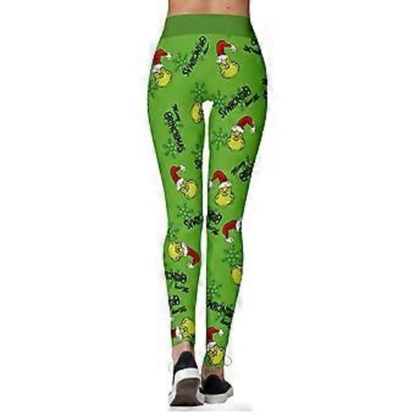 Naisten korkeavyötäröiset joululegginsit raidallinen Grinch-lumhiutalepainatuksella (S A)
