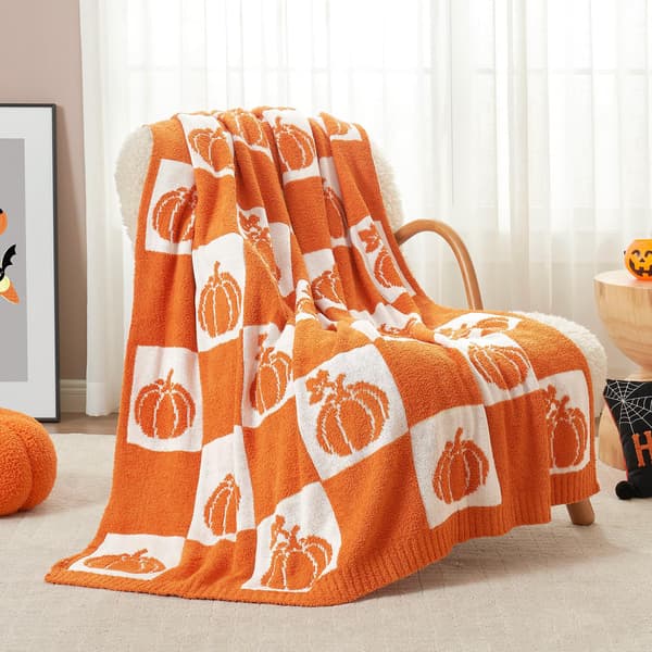 130cm*150cm Efterår Græskar Ternet Fleecetæppe, Halloween Indretning Plaid, Blødt Hjemme Sofa Lur Tæppe