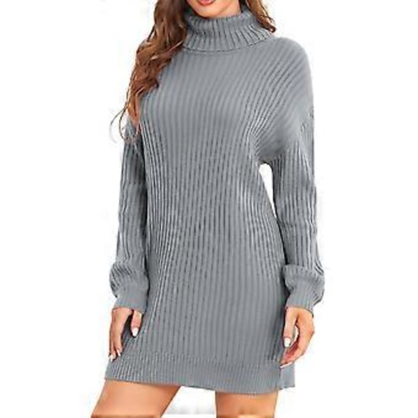 Kvinnors Turtleneck Stickad Klänning Höst Vinter Casual Lös Lång Puffärm Ribbstickad Pullover Klänning (S Ljusgrå)