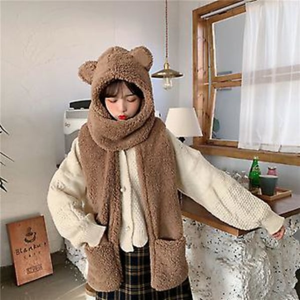 Dame Fluffy Plush Varmt 3 i 1 for Katteører Hetteskjerf Øreklaffhatt Hansker Mitt (Kaffebrun)