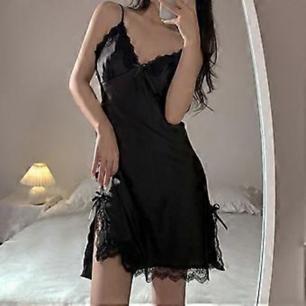 Sexy Natskjorte i Blonder til Kvinder Spaghettistropper Chemises Natskjorte Side Split Nattøj Kjole (L sort)