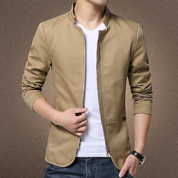 Fianao Miesten Rentoutunut Syksyinen Yksivärinen Seisova Kaulusvetoketjullinen Taskullinen Ohut Slim Blazer Takki (XXXXL Beige)