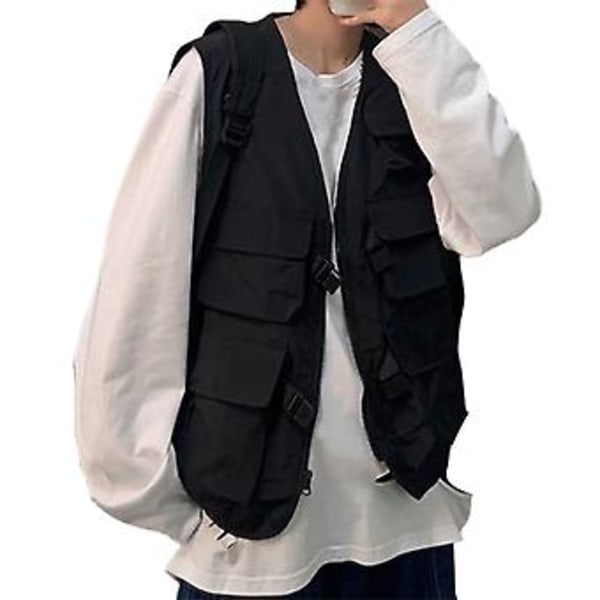 Veste med mange lommer, spænderlukning, solid farve, ærmeløs, tynd, udendørs cargovest til fiskeri (2XL sort)