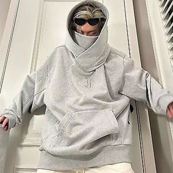 Huvtröja för män, enfärgad, med huva, långa ärmar, tjock, kallskyddande, turtleneck, hiphop, höst, dejting (L svart)