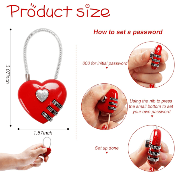 3 pakker røde hjerte hængelåse, mini kodelås, wire reb 3-cifret kodekombinations hængelås til rejsetasker/kuffert/skabe/B