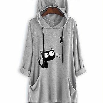 Strikket langærmet pullover hættetrøje midilængde irregulær moderigtig dame sweatshirt (L Grå)