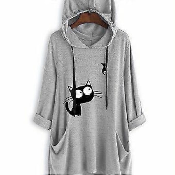Strikket trykt langærmet pullover hættetrøje midilængde irregulær moderigtig dame sweatshirt (XXL Grå)